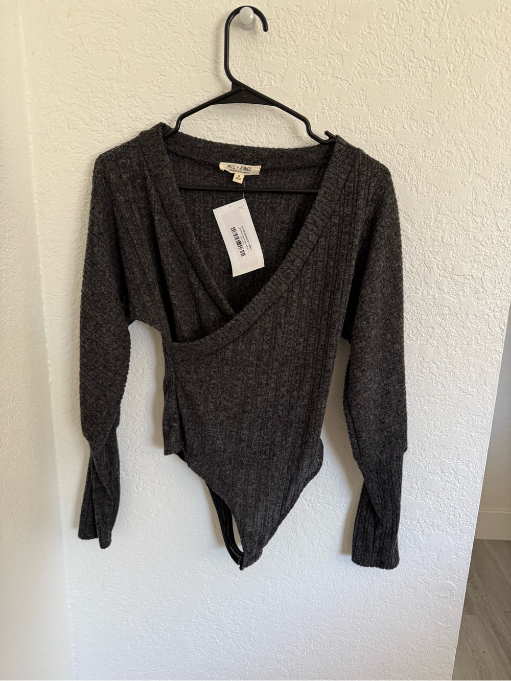 NanaMacs Charcoal Ribbed Wrap-Front Bodysuit